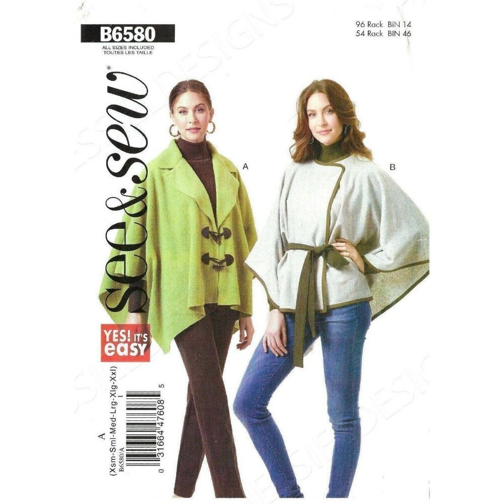 Butterick See & Sew‎ Sewing Pattern 6580 Womens Capes and Belt Size XS-XXL